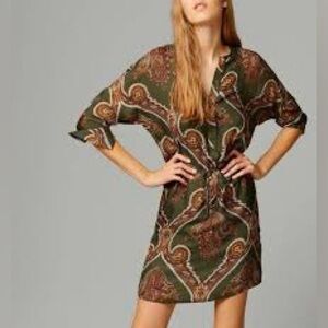 Massimo Dutti silk khaki paisley dress, pure silk